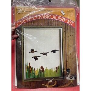 Vintage 1970s Canadian Geese Picture 12x9” Stamped Crewel Embroidery Kit-New NOS